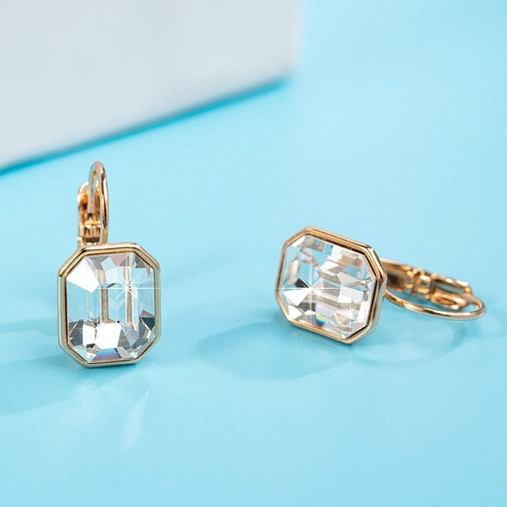 Austrian Crystal Octagon Leverback Drop Earrings for Women 14K Rose Gold Plated - Picture 3 of 7